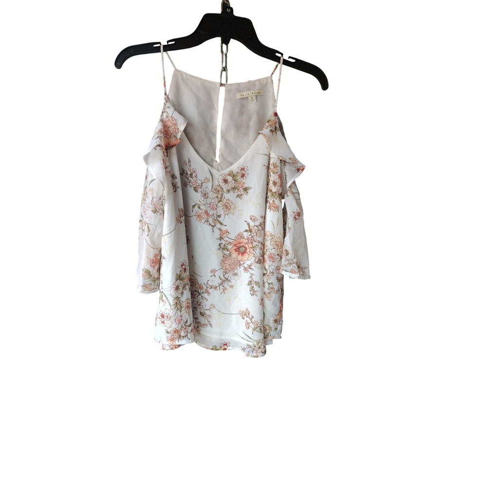 Haute Monde Womens Floral Cold Shoulder Ruffle Blouse White Peach Medium
